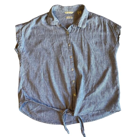 Weatherproof Vintage Blue Striped Button Up Short Sleeve Washable Linen Top Med - Picture 1 of 9